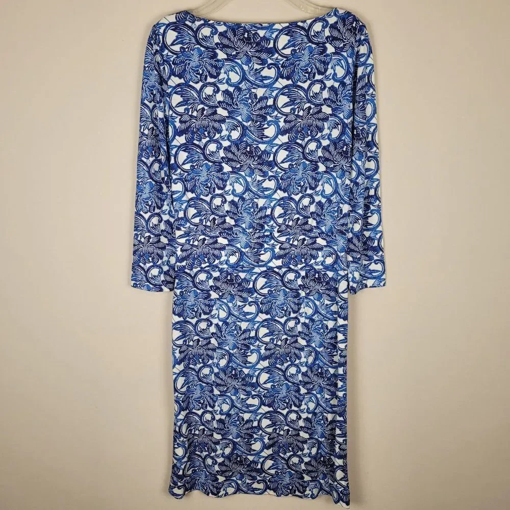 Tory Burch Sheila Floral Silk Dress Knee Lenght 3/4 Sleeve Blue White Size S